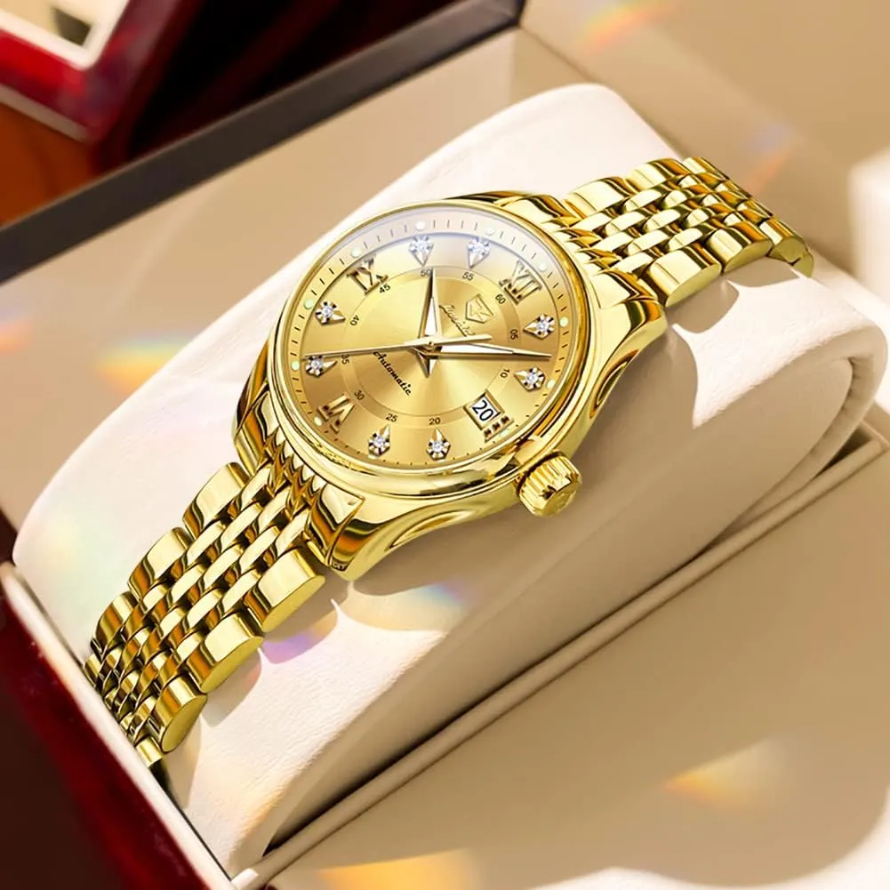 OLEVS Automatic Watches for Women Mechanical Self Winding Luxury Dress Diamond Dial Stainless Steel Strap Waterproof Luminous Date Ladies Watches