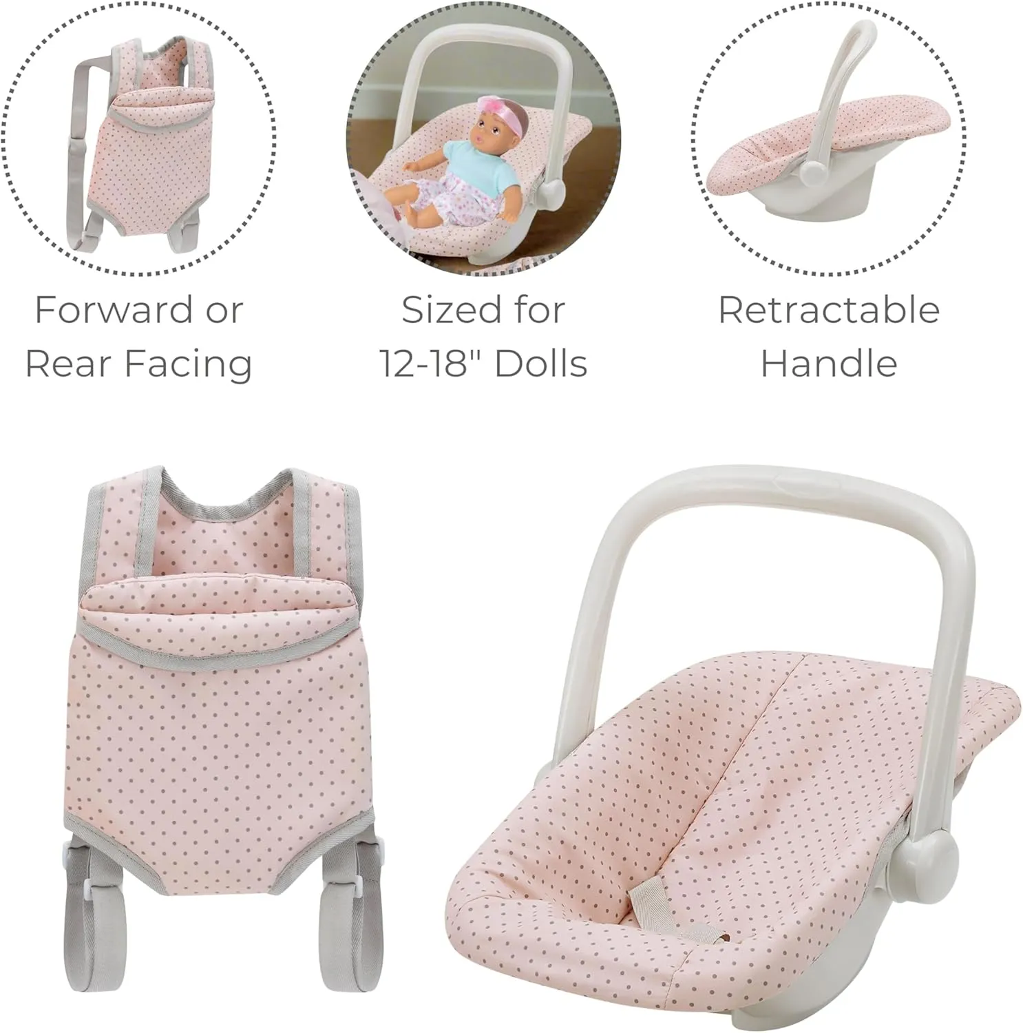 Olivia's Little World Polka Dot Princess Baby Doll Carrier & Car Seat Set, Pink/Gray