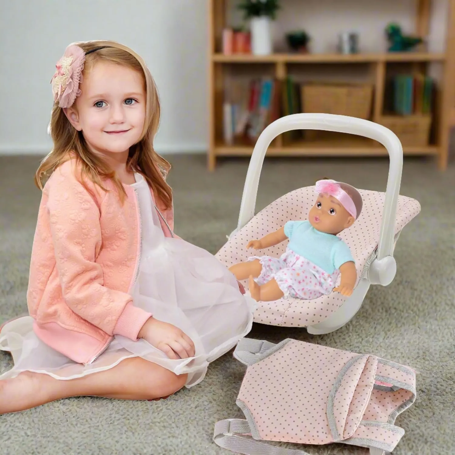 Olivia's Little World Polka Dot Princess Baby Doll Carrier & Car Seat Set, Pink/Gray