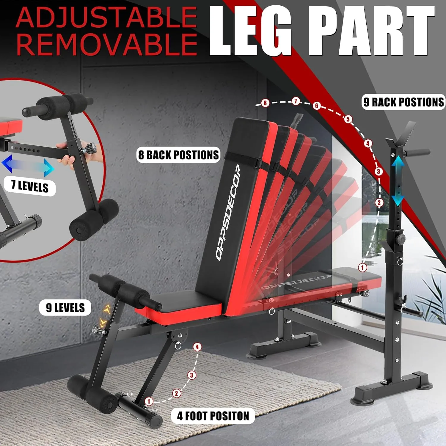 OPPSDECOR 8-in-1 Foldable Weight Bench Set with Squat Rack, Adjustable Bench Press Home Gym System for Full-Body Workout, Flat Incline Decline Sit Up Bench with Removable Foot Catch & Elastic Ropes