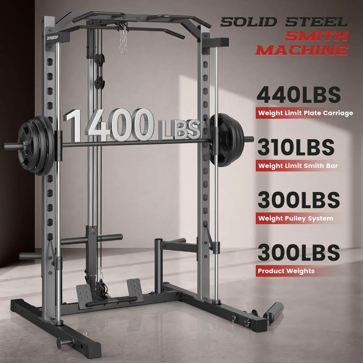 OPPSDECOR Smith Machine Power Rack for Home Gym - All-in-One Power Cage Squat Rack with LAT Pulldown, Cable Machine & Barbell Bar - Multi-Functional Strength Training Equipment