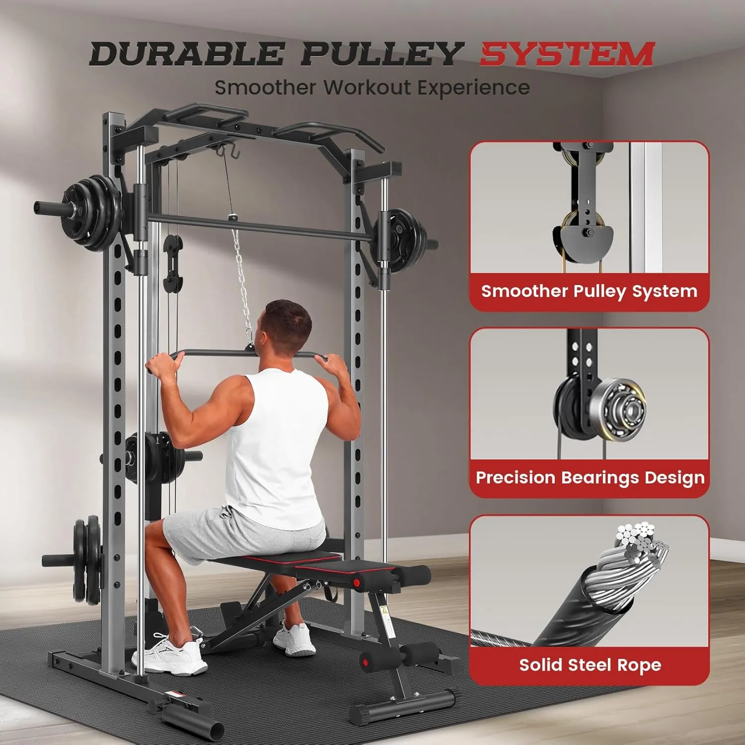 OPPSDECOR Smith Machine Power Rack for Home Gym - All-in-One Power Cage Squat Rack with LAT Pulldown, Cable Machine & Barbell Bar - Multi-Functional Strength Training Equipment