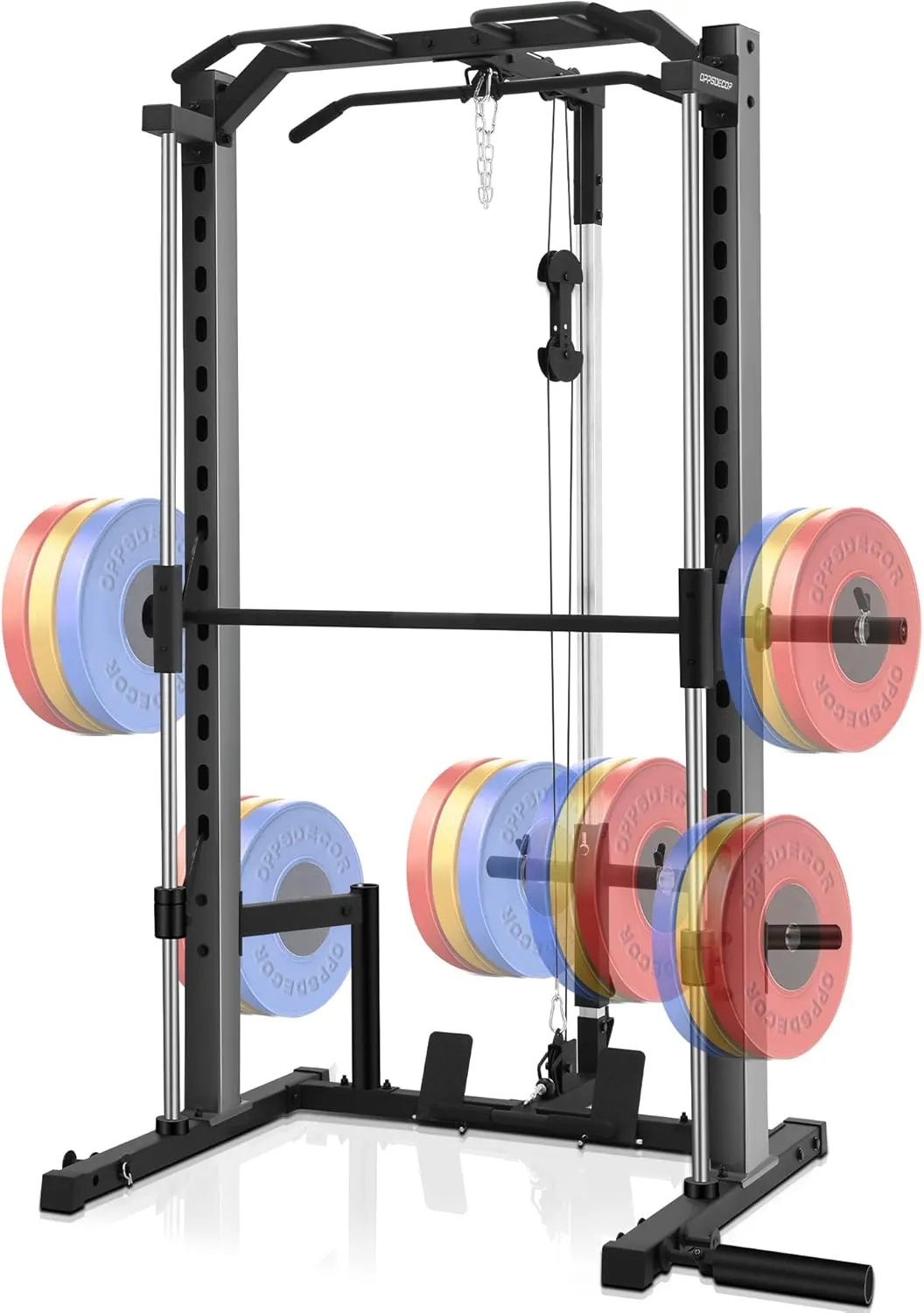 OPPSDECOR Smith Machine Power Rack for Home Gym - All-in-One Power Cage Squat Rack with LAT Pulldown, Cable Machine & Barbell Bar - Multi-Functional Strength Training Equipment