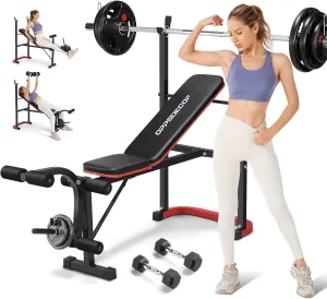 OPPSDECOR Standard Adjustable Weight Bench Set, Bench Press with Squat Rack & Leg Extension and Leg Curl Workout Bench for Home Gym Full Body Workout Folding Strength Training Adjustable Benches