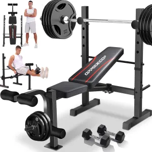 OPPSDECOR Weight Bench, 600LBS Adjustable Bench Press with Squat Rack & Leg Extension, 3 Sec Folding Workout Bench for Full Body Exercise, Incline Decline Flat Weight Benches for Home Gym Exercise
