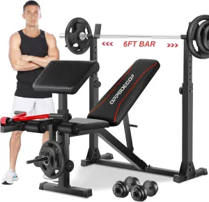 OPPSDECOR Weight Bench Set with Leg Extension and Curl, 900LBS Profesional Bench Press Set and Barbell Rack with Safety Spotter Catches, Preacher Curl Workout Benches for Home Gym