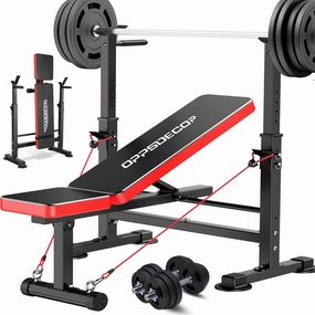 OPPSDECOR 9 in 1 Adjustable Weight Bench Set with Squat Rack 900LBS Bench Press with Leg Extension & Leg Curl Multi-Function Full Body Workout Benches for Home Gym with Safety Bar Catches & V-Handle