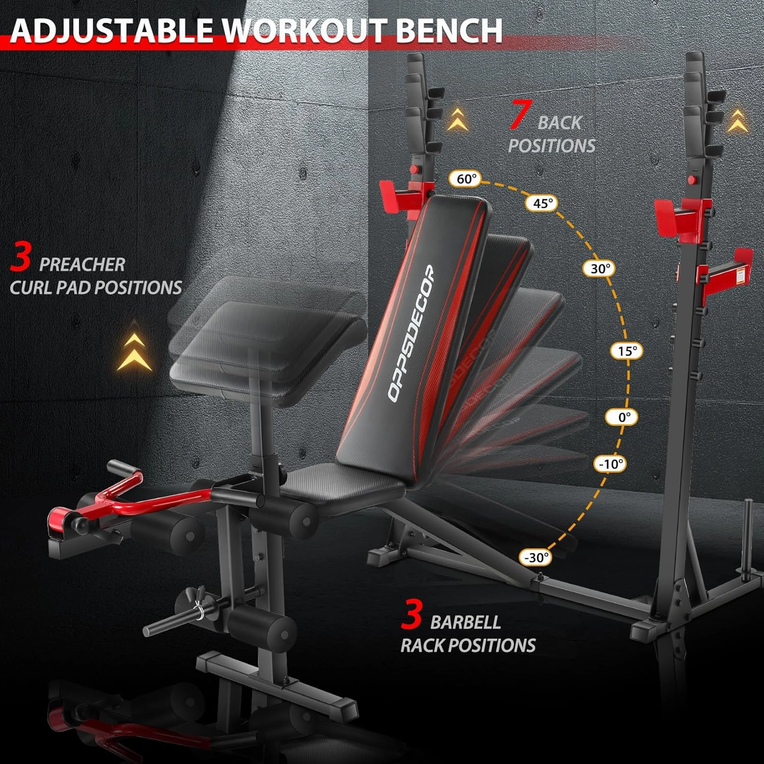 OPPSDECOR 9 in 1 Adjustable Weight Bench Set with Squat Rack 900LBS Bench Press with Leg Extension & Leg Curl Multi-Function Full Body Workout Benches for Home Gym with Safety Bar Catches & V-Handle