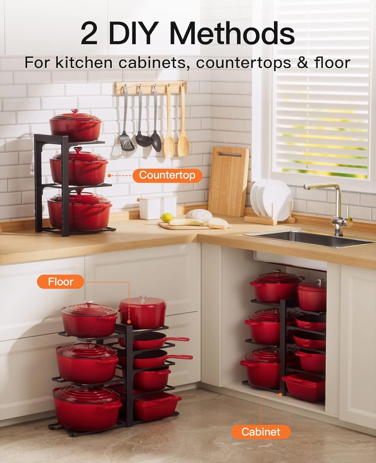 ORDORA Pots and Pans Organizer: Rack for Cabinet, 8-Tier Heavy Duty 120LBS Pots Pans Organizer Rack under Cabinet Adjustable for Dutch Ovens, Cast-iron Pans, Heavy Skillets Griddles, Shallow Pots
