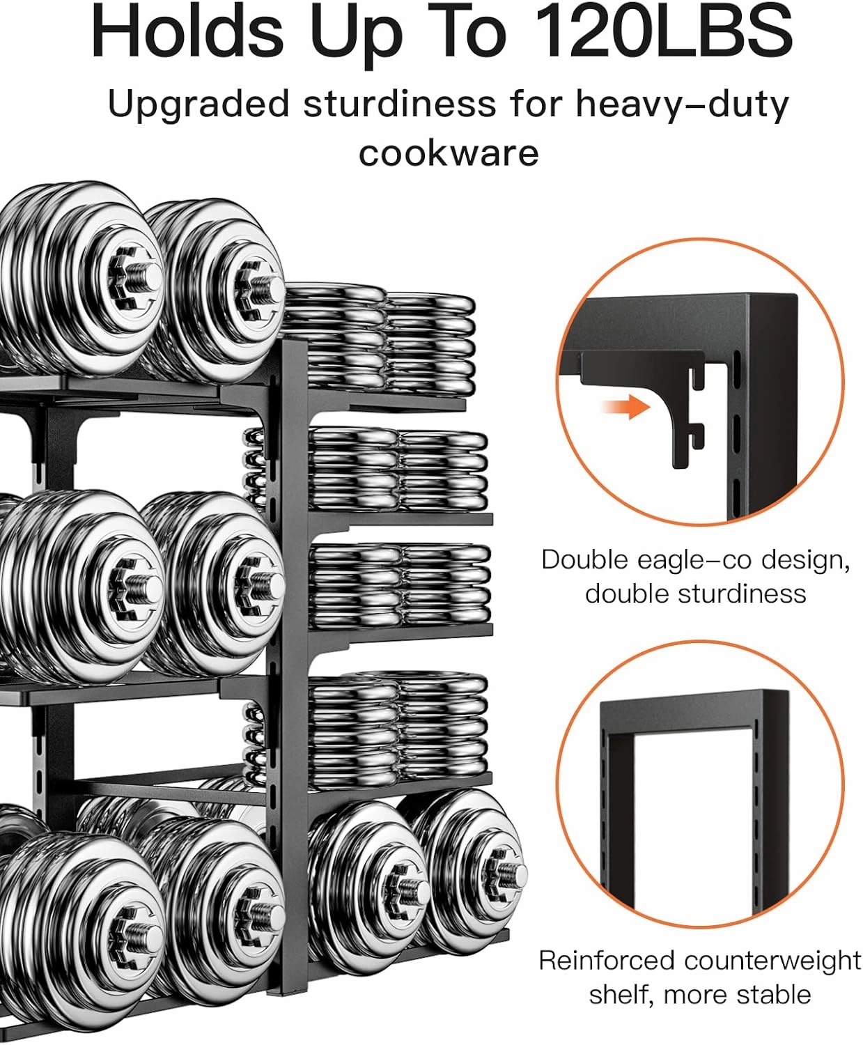 ORDORA Pots and Pans Organizer: Rack for Cabinet, 8-Tier Heavy Duty 120LBS Pots Pans Organizer Rack under Cabinet Adjustable for Dutch Ovens, Cast-iron Pans, Heavy Skillets Griddles, Shallow Pots