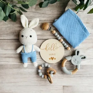 Organic Baby Gift Set/Baby Gift Set with Crochet Bunny, Wooden Teething Toys, Muslin Bandana Bib, Hello World Sign, Blue and Natural