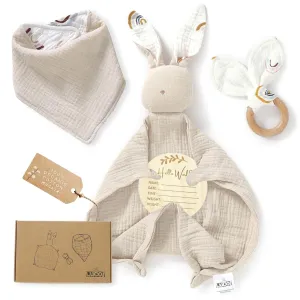 Organic Cotton Baby Gift Set - 4-Piece Muslin Bunny Lovey, Teether Ring, Bandana Bib & Wooden Announcement Card - Gender Neutral Newborn Gifts, Welcome Baby Box, Loveys for Babies