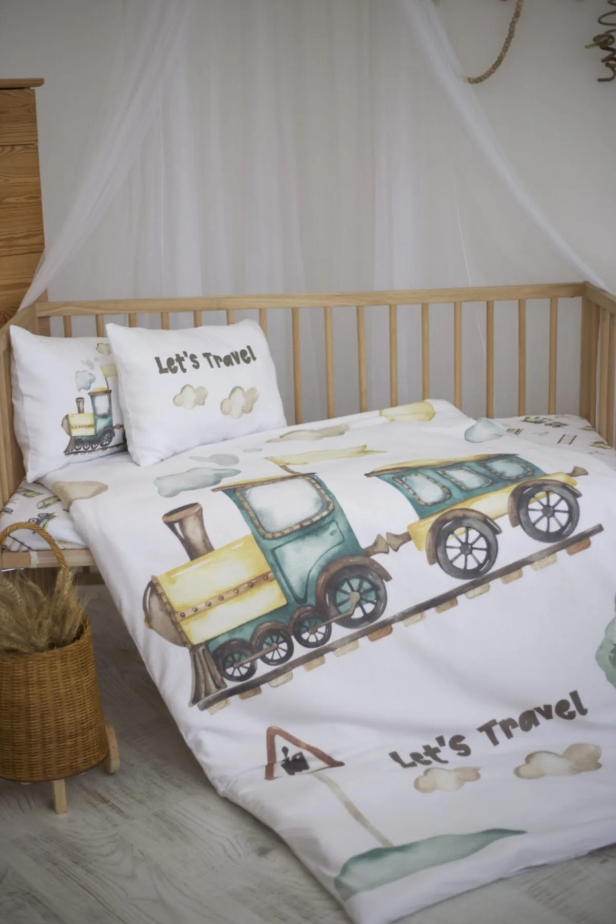 Organic Full Set Printed Cotton Satin Baby Duvet Cover Set - Train And Cloud Theme