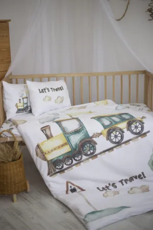 Organic Full Set Printed Cotton Satin Baby Duvet Cover Set - Train And Cloud Theme