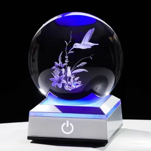 Ornalrist 3D Crystal Ball Engraved Hummingbird and Tiger Lily with LED Light Base3.15'', Hummingbird Gifts for Women Mom - Hummingbird and Lily Figurines Night Light for Home Office Decor