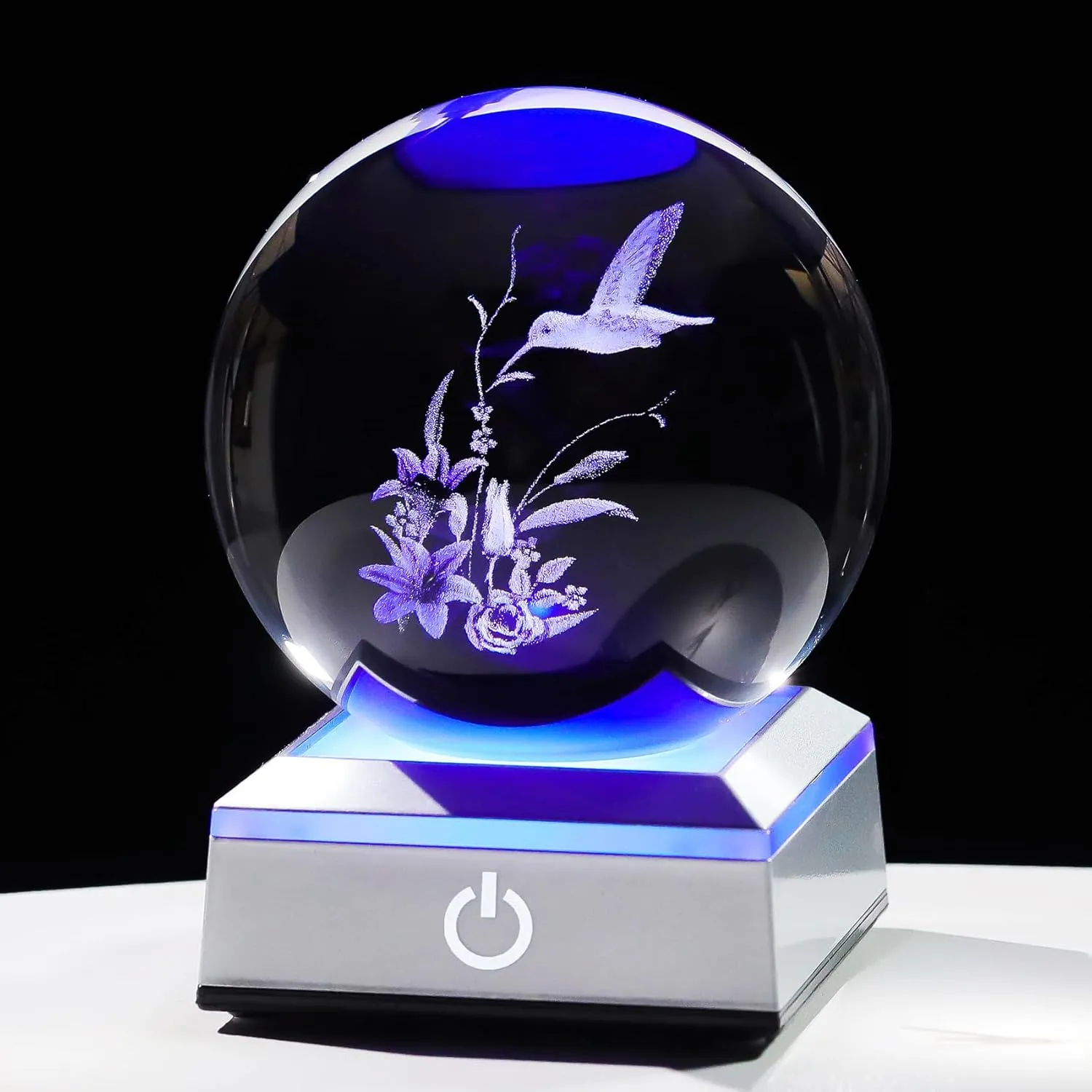 Ornalrist 3D Crystal Ball Engraved Hummingbird and Tiger Lily with LED Light Base3.15'', Hummingbird Gifts for Women Mom - Hummingbird and Lily Figurines Night Light for Home Office Decor