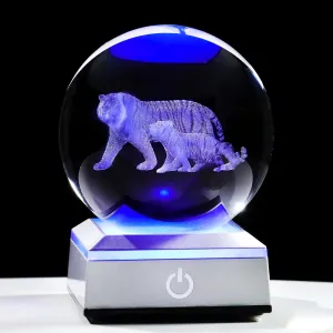 Ornalrist 3D Tiger's Crystal Ball with LED Light Base 3.15in - Tiger Gifts for Women, Mom on Mother's Day from Son, Daughter - 3D Crystal Ball Lamp Engraved Tiger Mother & Child Figurine Home Decor