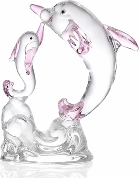 Ornalrist Double Pink Cute Crystal Dolphin Gifts for Women Mom, Glass Sea Animal Decorations for Home Decor Crystal Art Sculpture Statue Collectible Home Decor