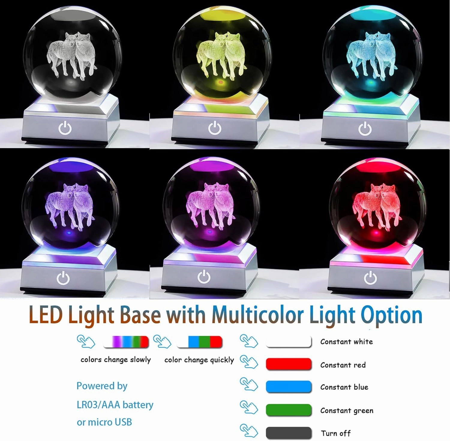 Ornalrist Wolf Gifts for Women, Men - 3D Crystal Ball Engrevd Couple Wolfs 3.15'' with LED Light Base - Wolf Lover Night Light Figurinefor Home Decor