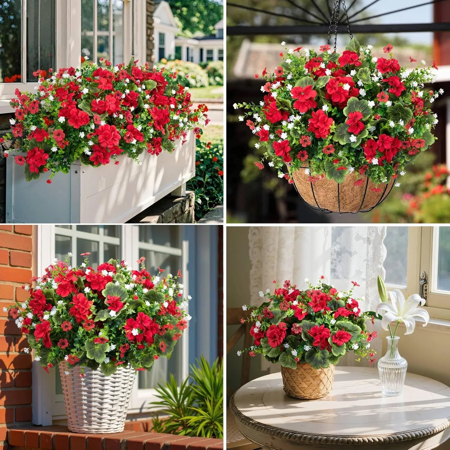 Ouddy Decor 18'' Artificial Geraniums Flowers for Outdoors, 10 Bundles Mixed Fake Silk Flowers Plastic Plants UV Resistant for Summer Garden Porch Patio Planter Kitchen Table Home Decor, Red