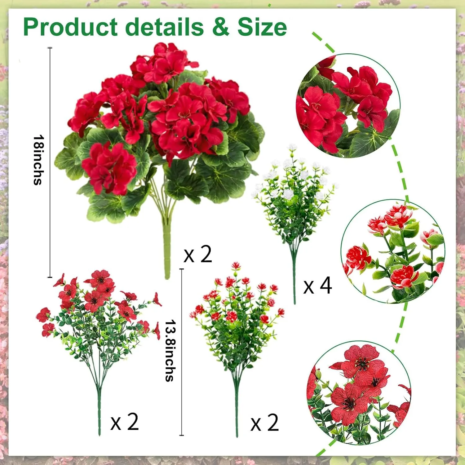 Ouddy Decor 18'' Artificial Geraniums Flowers for Outdoors, 10 Bundles Mixed Fake Silk Flowers Plastic Plants UV Resistant for Summer Garden Porch Patio Planter Kitchen Table Home Decor, Red