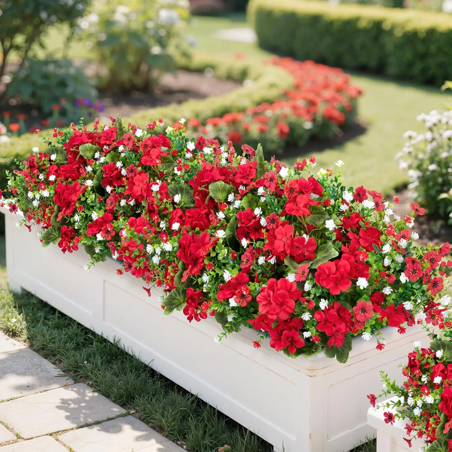 Ouddy Decor 18'' Artificial Geraniums Flowers for Outdoors, 10 Bundles Mixed Fake Silk Flowers Plastic Plants UV Resistant for Summer Garden Porch Patio Planter Kitchen Table Home Decor, Red
