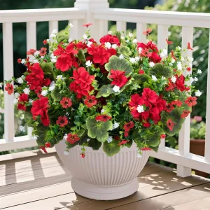 Ouddy Decor 18'' Artificial Geraniums Flowers for Outdoors, 10 Bundles Mixed Fake Silk Flowers Plastic Plants UV Resistant for Summer Garden Porch Patio Planter Kitchen Table Home Decor, Red