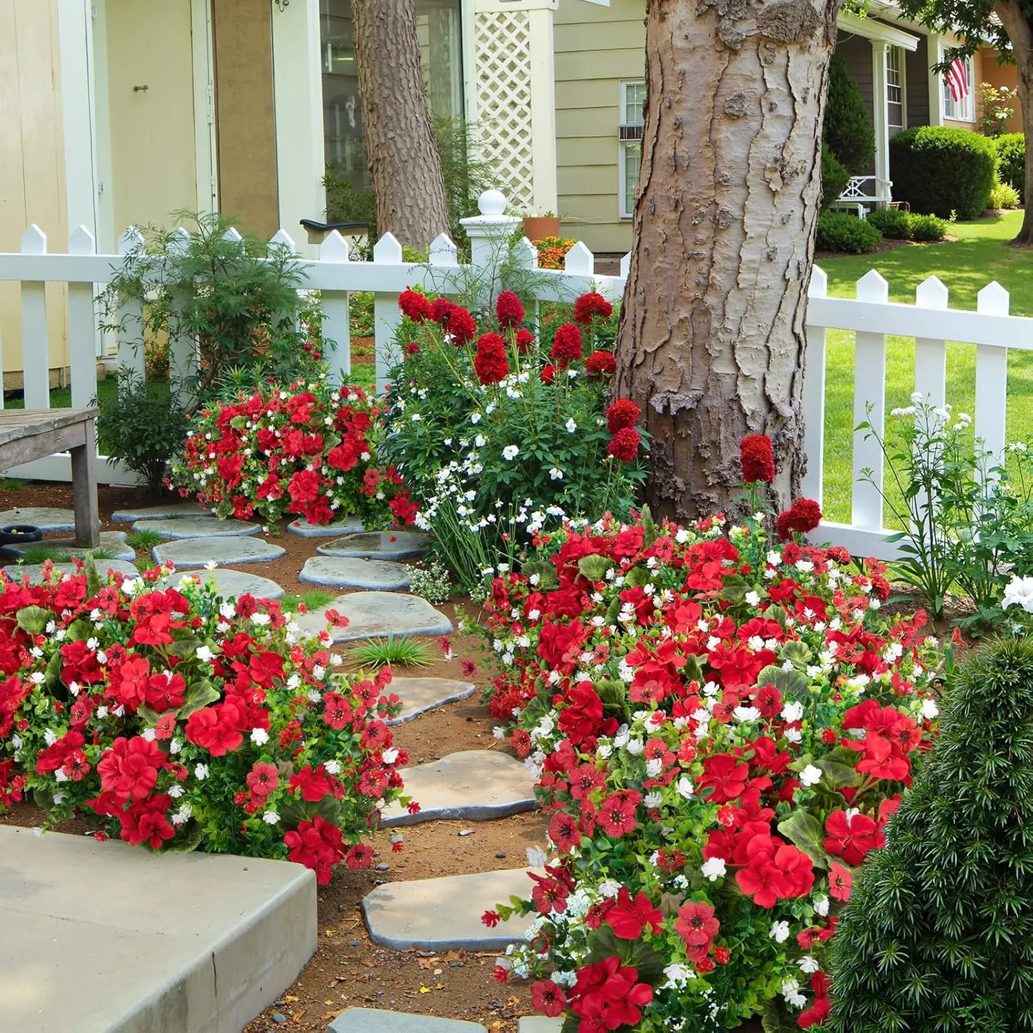 Ouddy Decor 18'' Artificial Geraniums Flowers for Outdoors, 10 Bundles Mixed Fake Silk Flowers Plastic Plants UV Resistant for Summer Garden Porch Patio Planter Kitchen Table Home Decor, Red