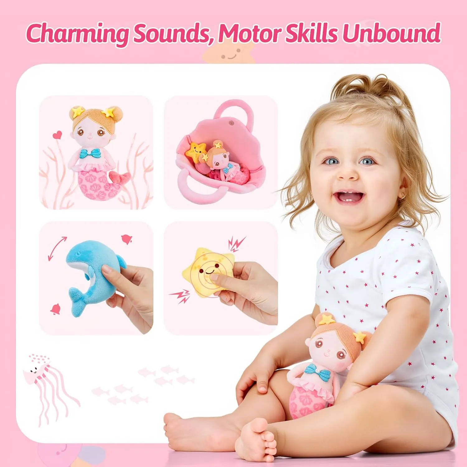 OUOZZZ Soft Baby Doll for Girls 6-12 Month Mermaid Toys - 2 Years Old Sensory Toy - Little Dolls Birthday Gifts Age 1-3 Toddler Plush Stuffed Animal with Squeaker, Crinkle and Bell Ringing Toy Set