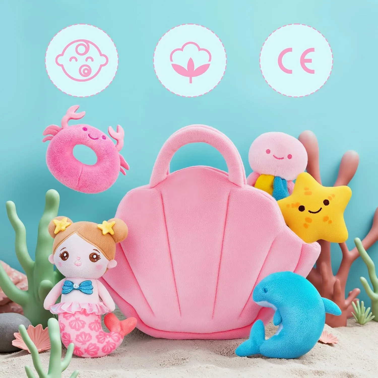 OUOZZZ Soft Baby Doll for Girls 6-12 Month Mermaid Toys - 2 Years Old Sensory Toy - Little Dolls Birthday Gifts Age 1-3 Toddler Plush Stuffed Animal with Squeaker, Crinkle and Bell Ringing Toy Set