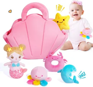 OUOZZZ Soft Baby Doll for Girls 6-12 Month Mermaid Toys - 2 Years Old Sensory Toy - Little Dolls Birthday Gifts Age 1-3 Toddler Plush Stuffed Animal with Squeaker, Crinkle and Bell Ringing Toy Set