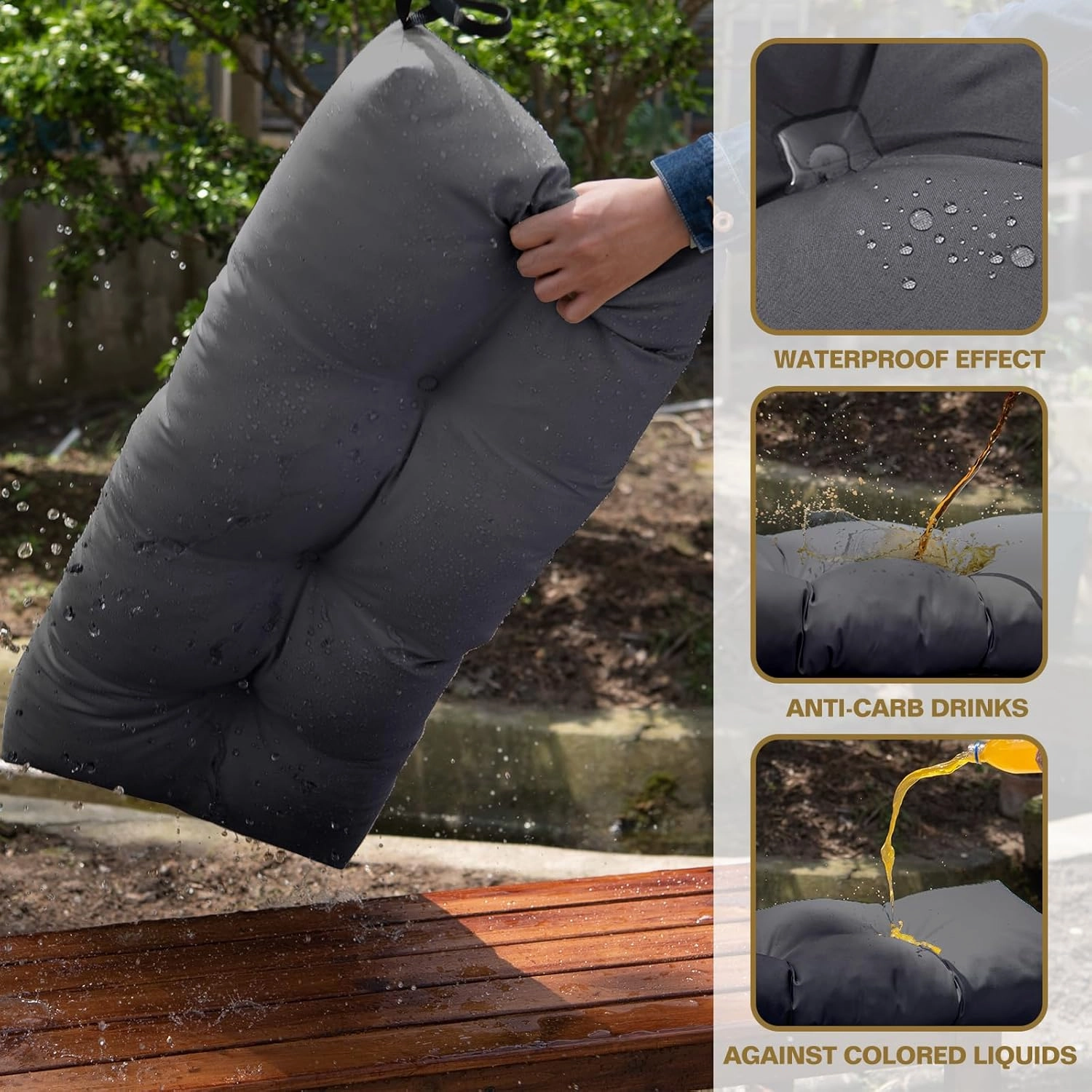 Outdoor Bench Cushion, Blue Shredded Memory Foam, Waterproof patio furniture cushion Fade Resistant Indoor Window Seat Pad 4.5inch Extra Thick With Adjustable Strap 36 x 14 Inch, Dark Gray