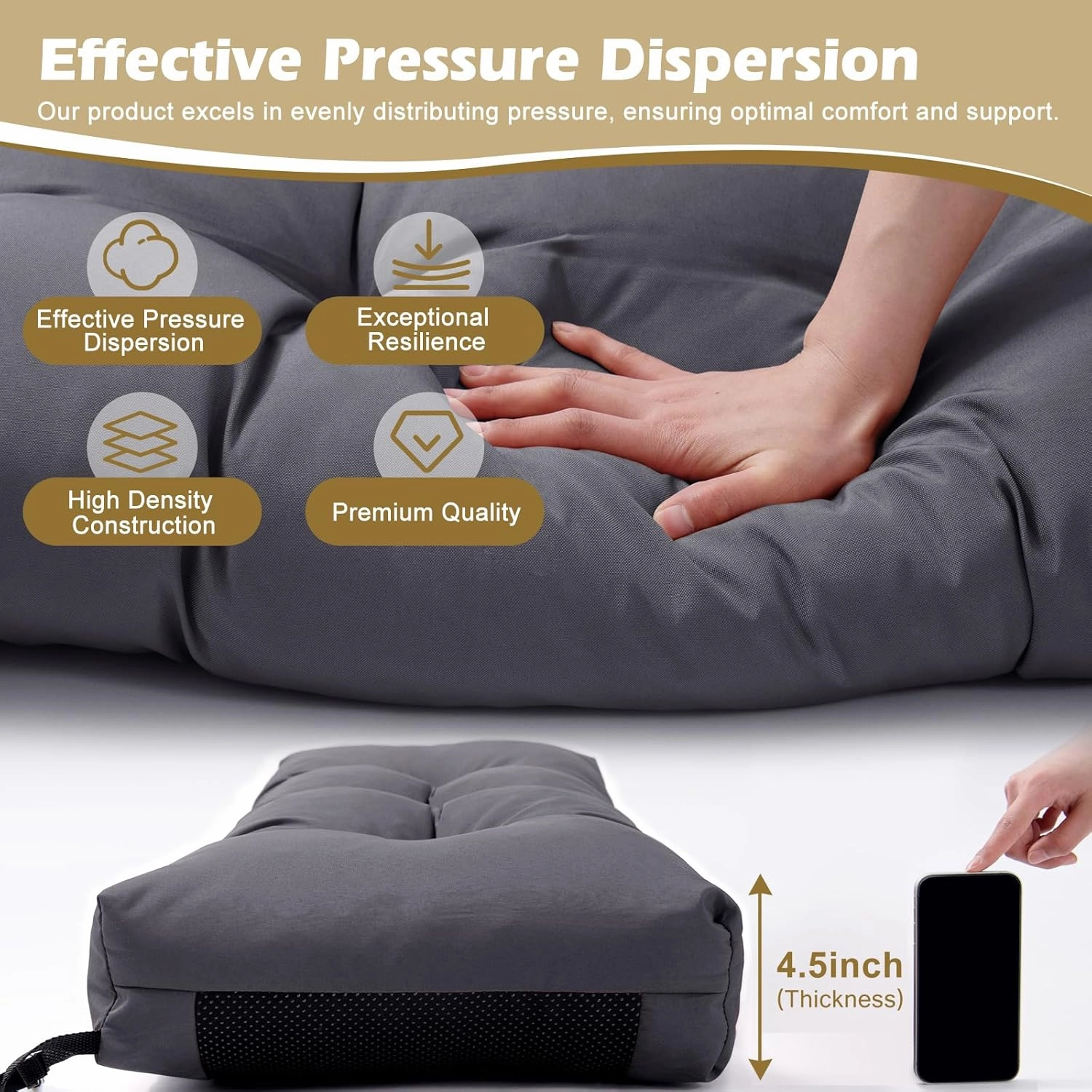 Outdoor Bench Cushion, Blue Shredded Memory Foam, Waterproof patio furniture cushion Fade Resistant Indoor Window Seat Pad 4.5inch Extra Thick With Adjustable Strap 36 x 14 Inch, Dark Gray