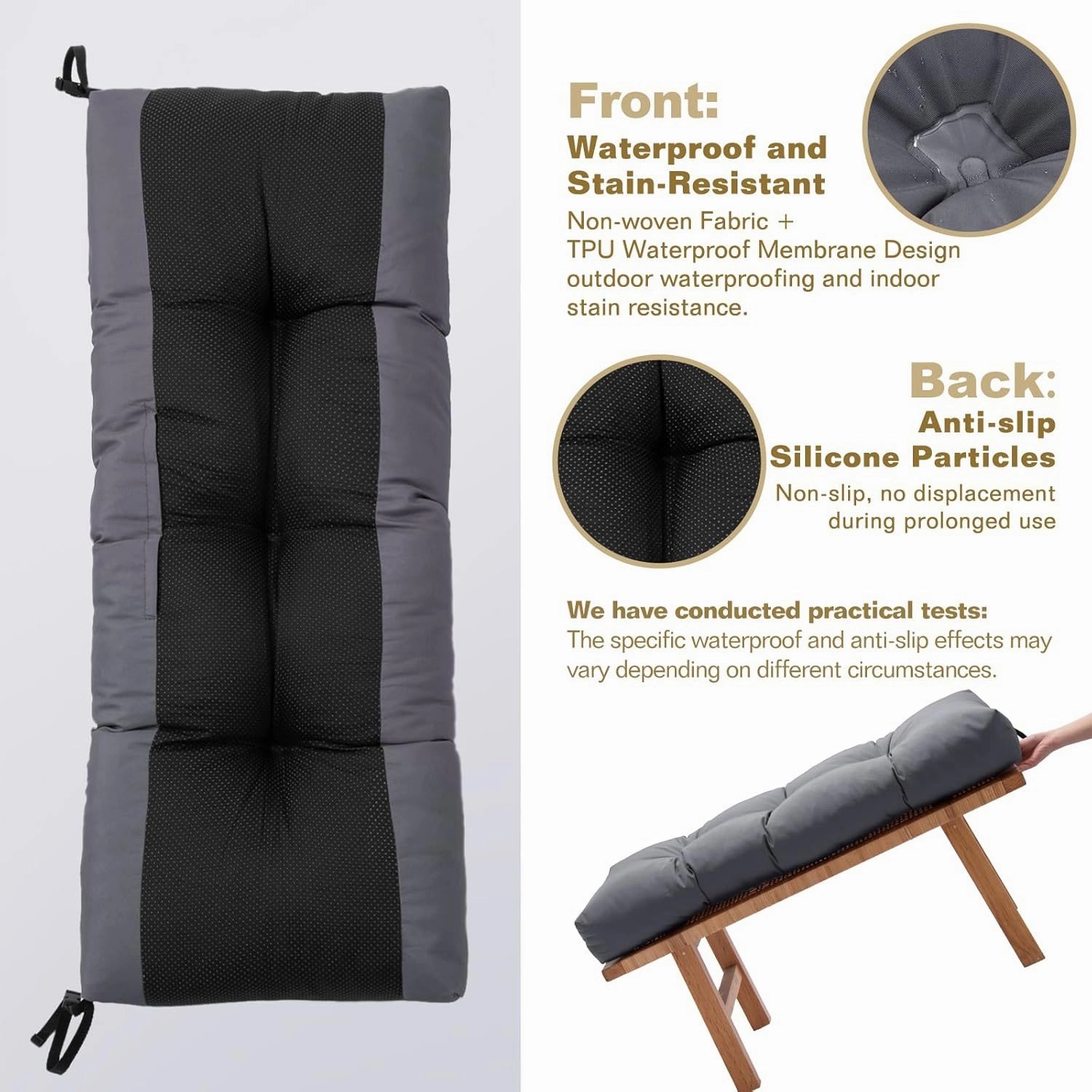 Outdoor Bench Cushion, Blue Shredded Memory Foam, Waterproof patio furniture cushion Fade Resistant Indoor Window Seat Pad 4.5inch Extra Thick With Adjustable Strap 36 x 14 Inch, Dark Gray
