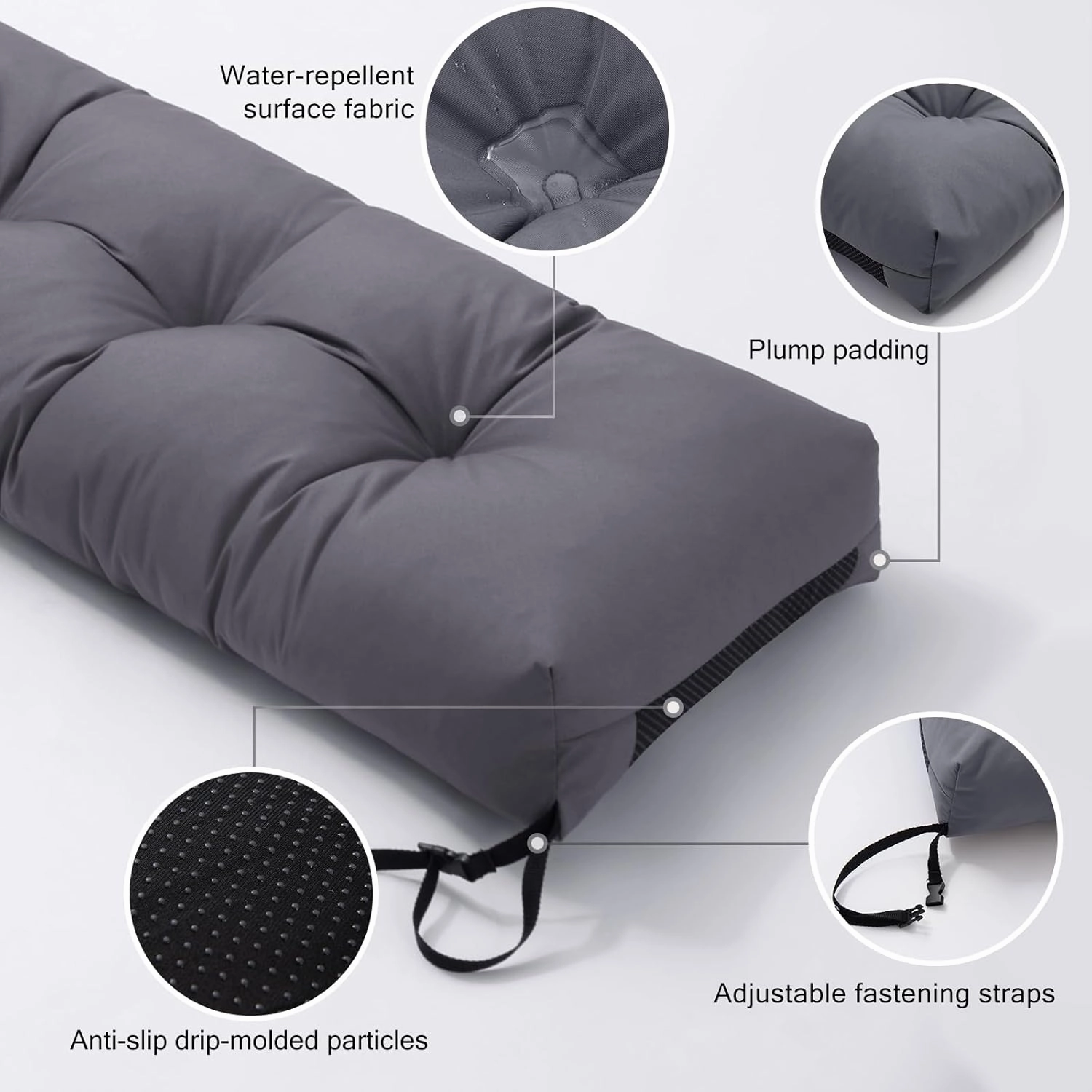 Outdoor Bench Cushion, Blue Shredded Memory Foam, Waterproof patio furniture cushion Fade Resistant Indoor Window Seat Pad 4.5inch Extra Thick With Adjustable Strap 36 x 14 Inch, Dark Gray