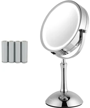 Ovente Circle Lighted Table Top Makeup Mirror 7 Inch 1X 8X Magnification LED Lighted 360 Adjustable Double Sided Spinning Desk Bathroom Stand Large 4AAA Battery Operated Polished Chrome MDT70CH1X8X
