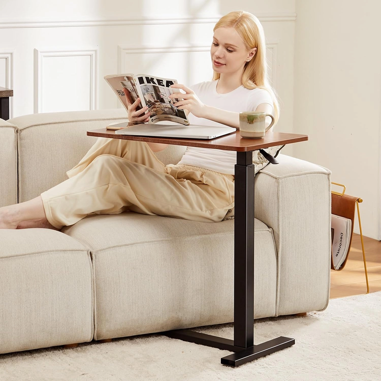 Overbed Laptop Table with Mini Wheels, 28”X16” Mobile Rolling Standing Desk Adjustable Laptop Computer Cart Beside Table for Home Hospital Office (Brown)