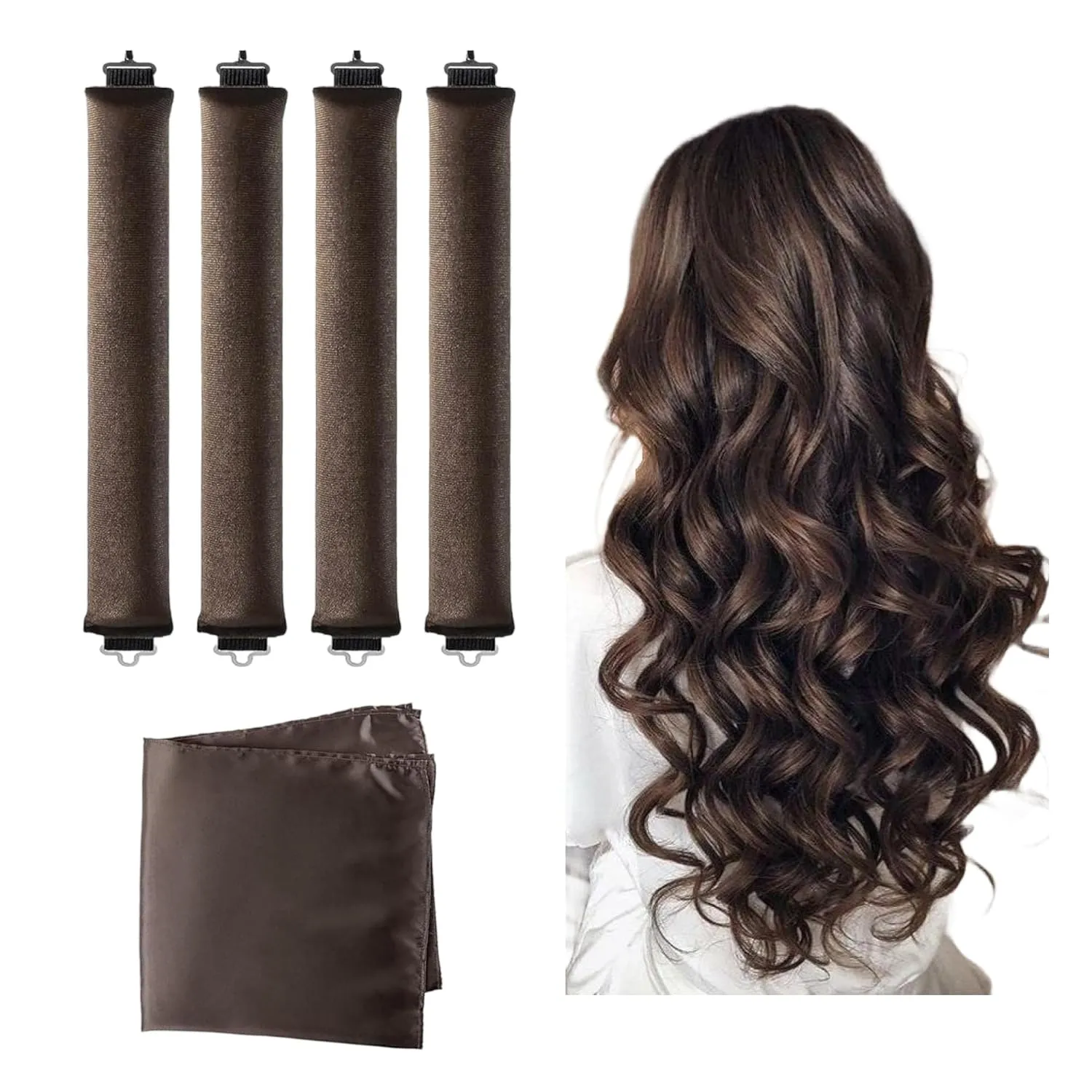 Overnight DreamCurls Heatless Rollers Set – 4 Pcs Soft Velvet Stylers with Satin Scarf for All Hair Types, Natural Blowout Waves, No Heat Curling, Sleep-In Curls