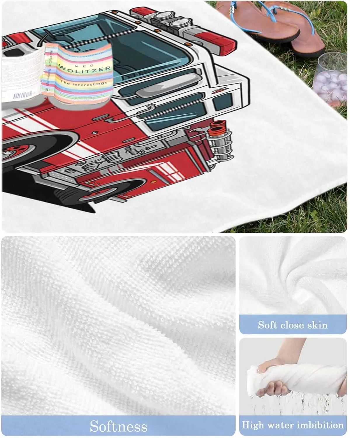 Oversized Beach Towel, Cartoon Fire Truck with Emergency Equipment Soft Microfiber Quick Dry Absorbent Bath Towel, Safety Beach Blanket for Swimming/Pool/Gym,23x47In