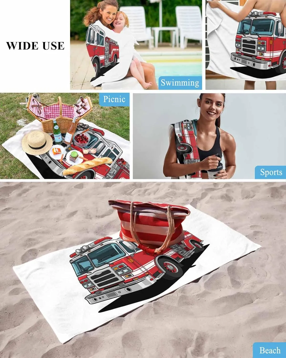 Oversized Beach Towel, Cartoon Fire Truck with Emergency Equipment Soft Microfiber Quick Dry Absorbent Bath Towel, Safety Beach Blanket for Swimming/Pool/Gym,23x47In