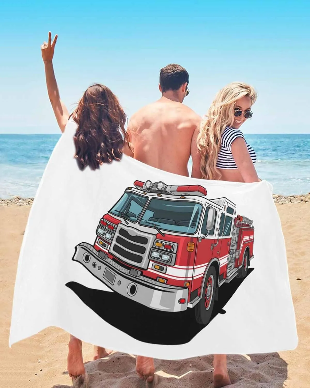 Oversized Beach Towel, Cartoon Fire Truck with Emergency Equipment Soft Microfiber Quick Dry Absorbent Bath Towel, Safety Beach Blanket for Swimming/Pool/Gym,23x47In