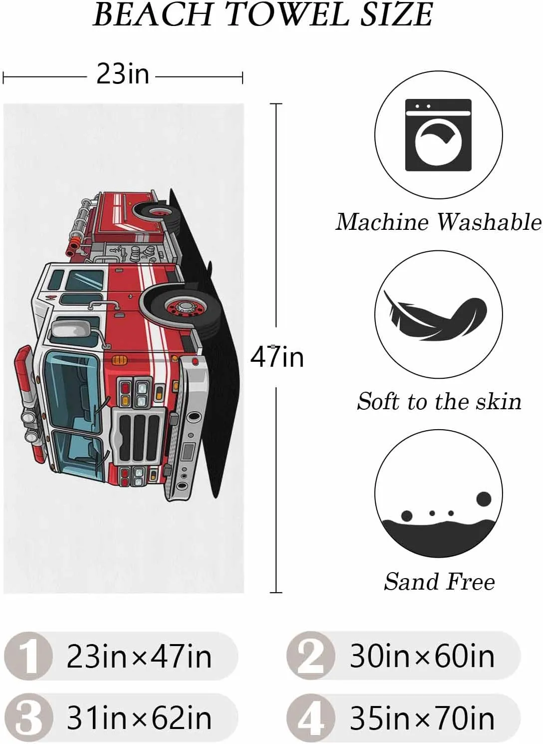 Oversized Beach Towel, Cartoon Fire Truck with Emergency Equipment Soft Microfiber Quick Dry Absorbent Bath Towel, Safety Beach Blanket for Swimming/Pool/Gym,23x47In