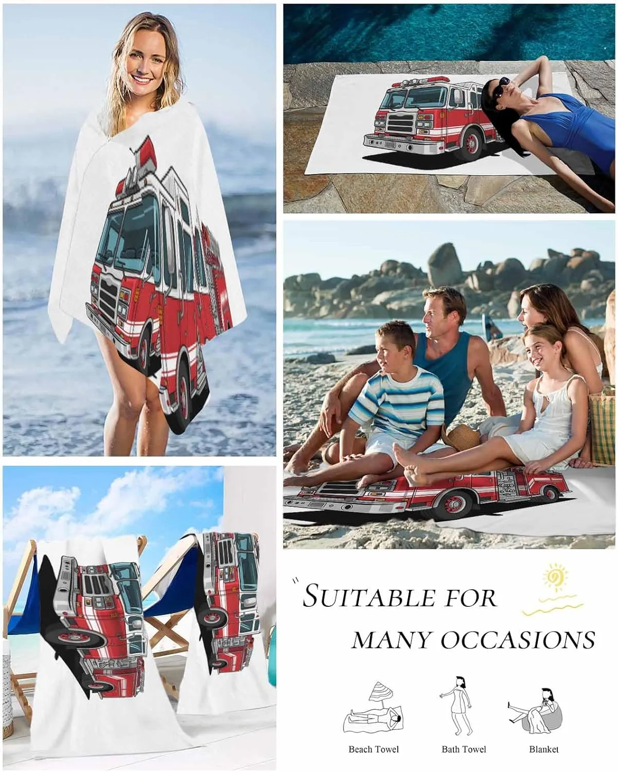 Oversized Beach Towel, Cartoon Fire Truck with Emergency Equipment Soft Microfiber Quick Dry Absorbent Bath Towel, Safety Beach Blanket for Swimming/Pool/Gym,23x47In