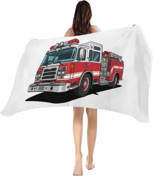 Oversized Beach Towel, Cartoon Fire Truck with Emergency Equipment Soft Microfiber Quick Dry Absorbent Bath Towel, Safety Beach Blanket for Swimming/Pool/Gym,23x47In