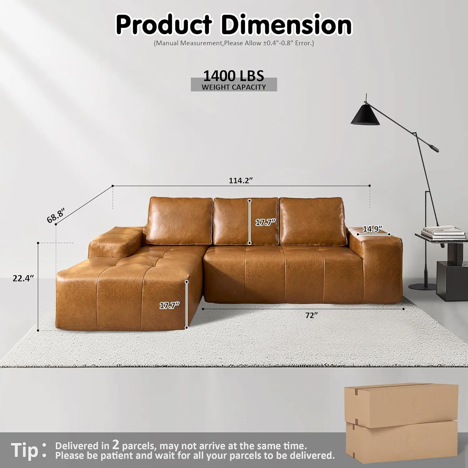 ovios 114" Cloud Sectional Couch with L-Shape Chaise,Modern Faux Leather Modular Sofa with Deep Seat, Upholstered Couches for Living Room Bedroom,No Assembly Required (Left Facing Chaise)