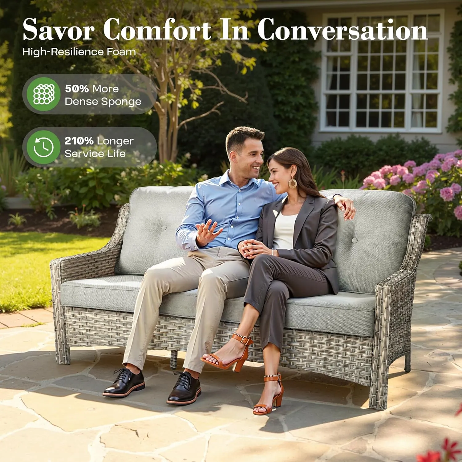 ovios 5 Piece Outdoor Patio Furniture with 3 Seat Sofa,Rattan Wicker Coversation Set with Swivel Rocking Chair,Balcony Sofa Set with Shiny Table for Outside Porch Backyard Pool,Dark Grey