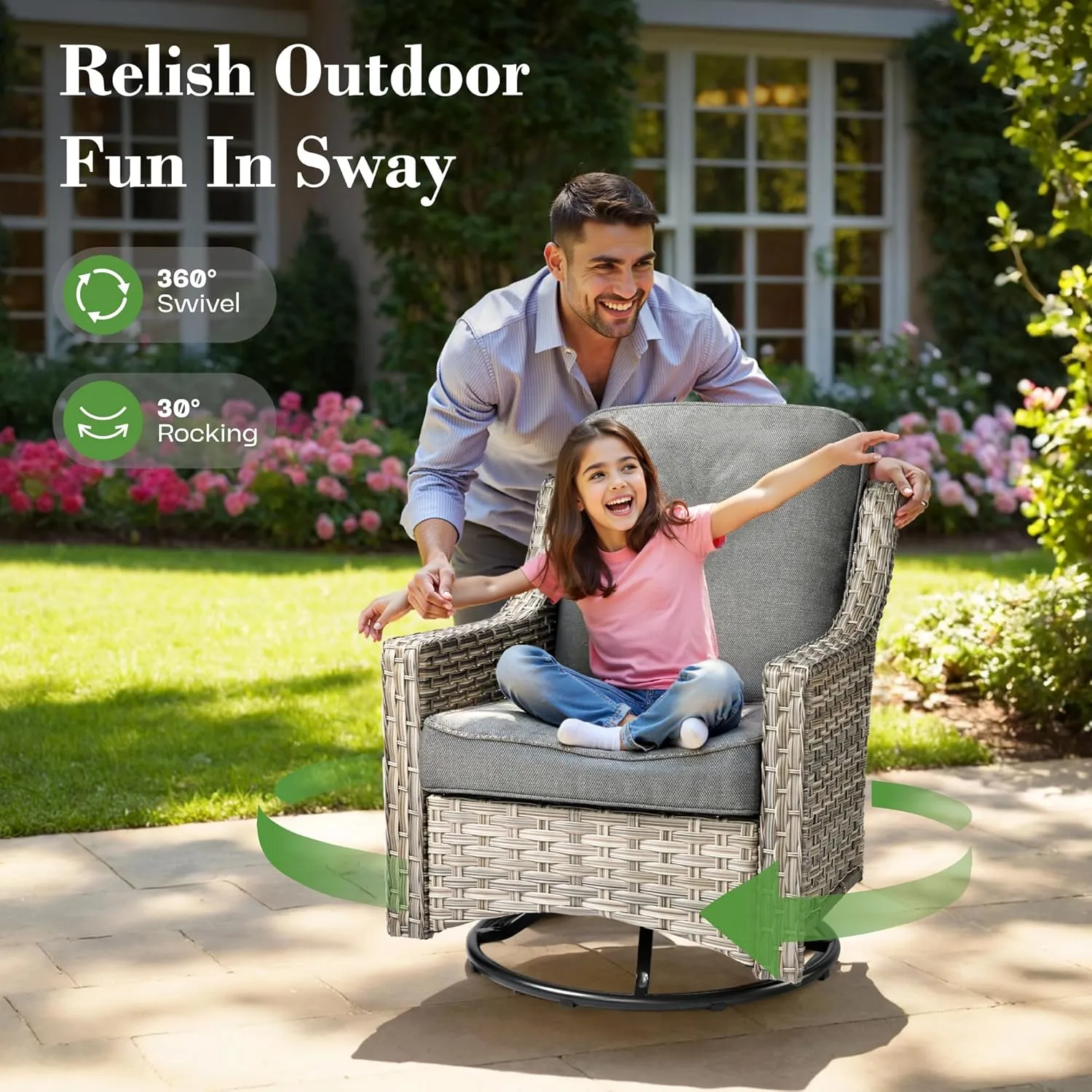 ovios 5 Piece Outdoor Patio Furniture with 3 Seat Sofa,Rattan Wicker Coversation Set with Swivel Rocking Chair,Balcony Sofa Set with Shiny Table for Outside Porch Backyard Pool,Dark Grey
