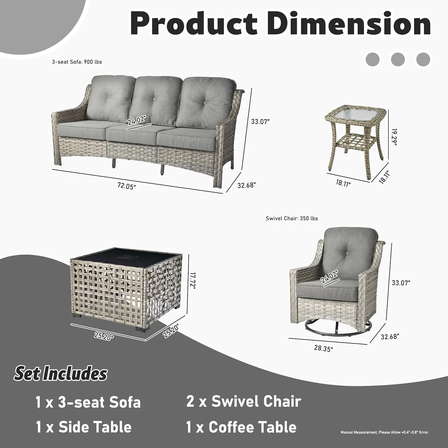ovios 5 Piece Outdoor Patio Furniture with 3 Seat Sofa,Rattan Wicker Coversation Set with Swivel Rocking Chair,Balcony Sofa Set with Shiny Table for Outside Porch Backyard Pool,Dark Grey