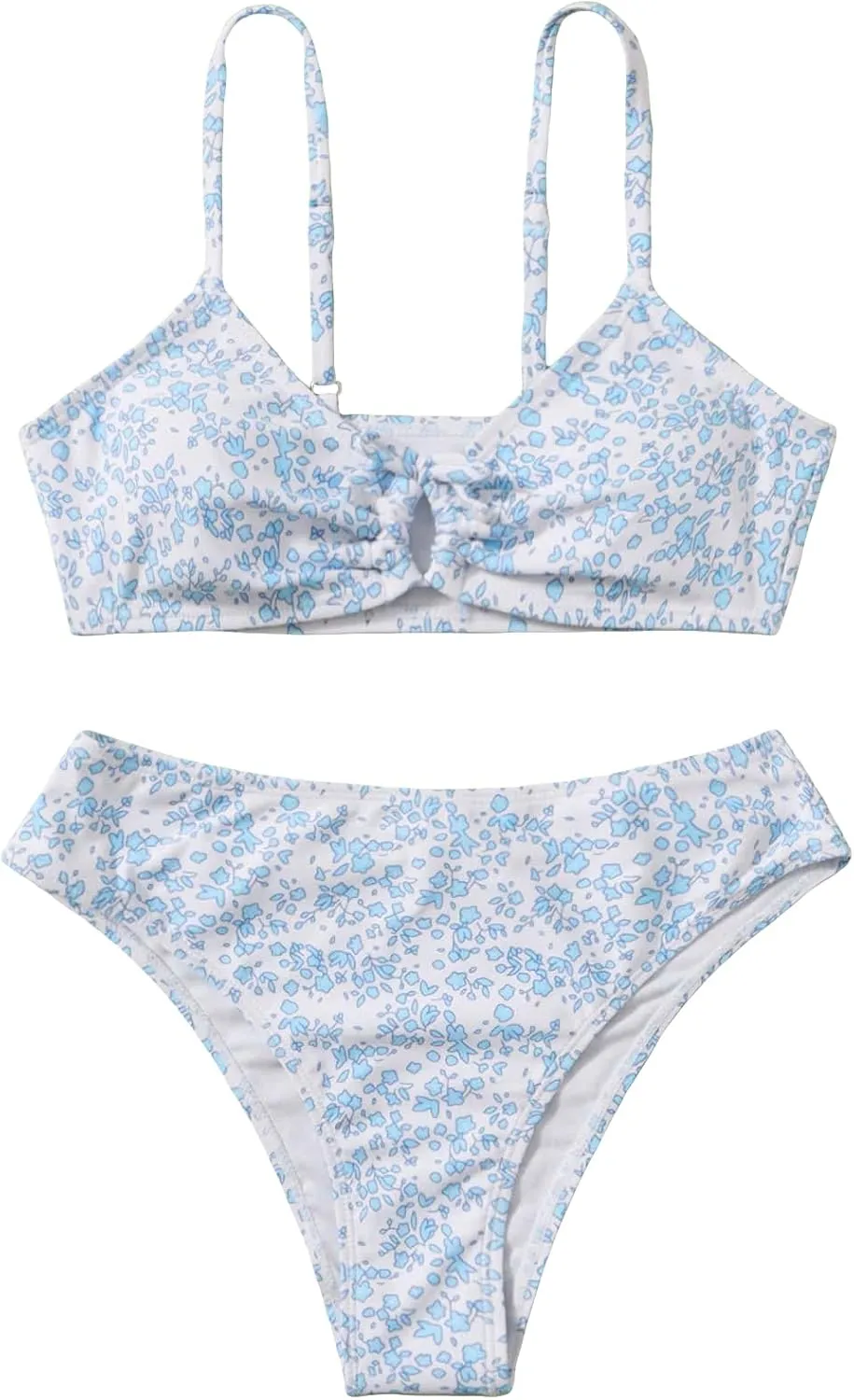 OYOANGLE Girl's 2 Piece Ditsy Floral Bikini Swimsuit Ring Linked Ruched Bathing Suit