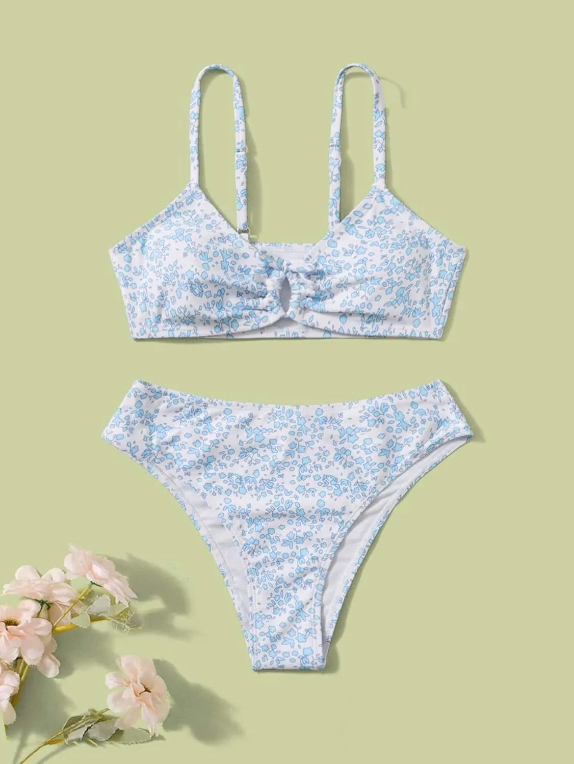 OYOANGLE Girl's 2 Piece Ditsy Floral Bikini Swimsuit Ring Linked Ruched Bathing Suit